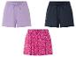 Uni en bloemen shorts: lila, donkerblauw en roze met witte bloemen.