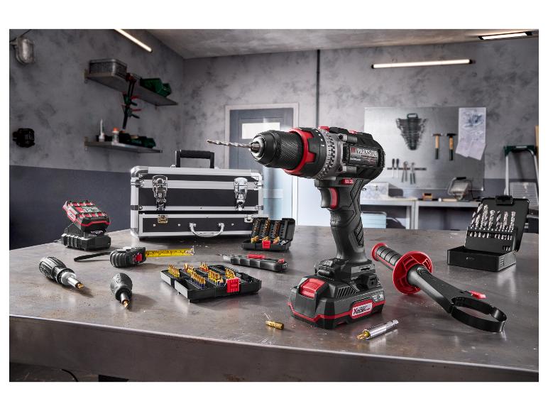 PARKSIDE PERFORMANCE® 20 V accuklopboormachine set met accessoires op werkbank