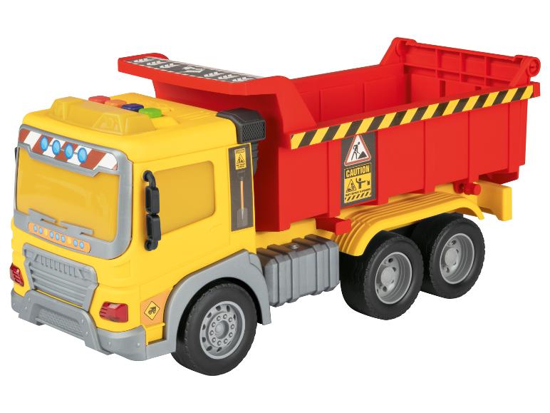 Camion benne jouet jaune et rouge avec benne basculante et autocollants d'avertissement