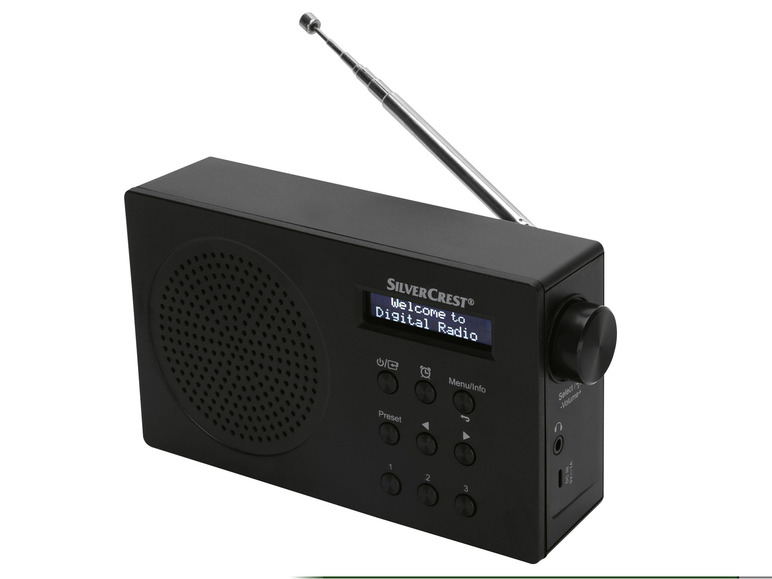 Een zwarte Silvercrest digitale radio met een antenne.