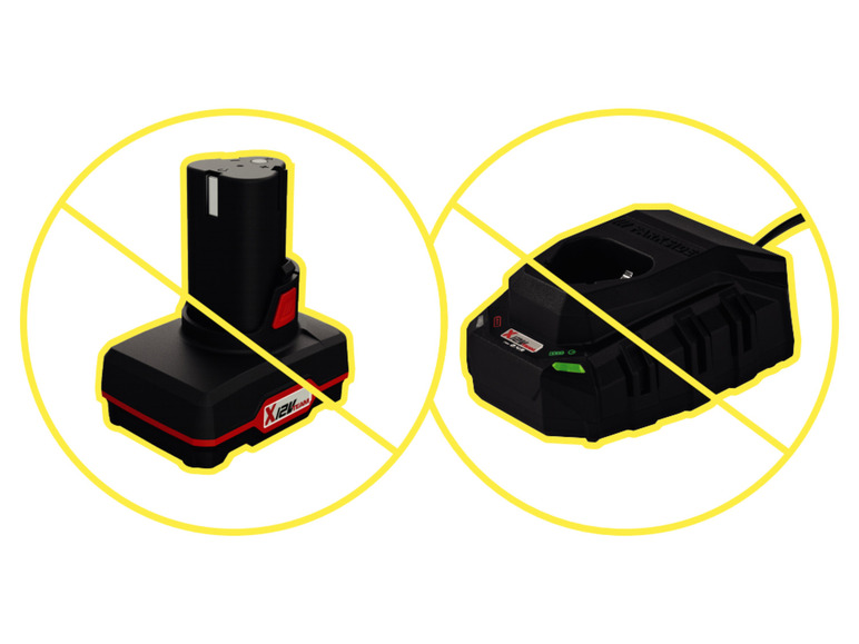 Twee zwarte batterijen voor gereedschap, een X12 TEAM batterij en een HAMMER batterij.