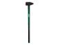 Moker met lange steel, zwarte kop en groene handgreep met grip.
