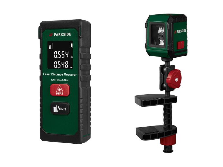 Deux outils de mesure Parkside : un télémètre laser et un niveau laser avec pince.