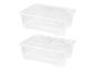 Twee transparante plastic opbergdozen met deksels.