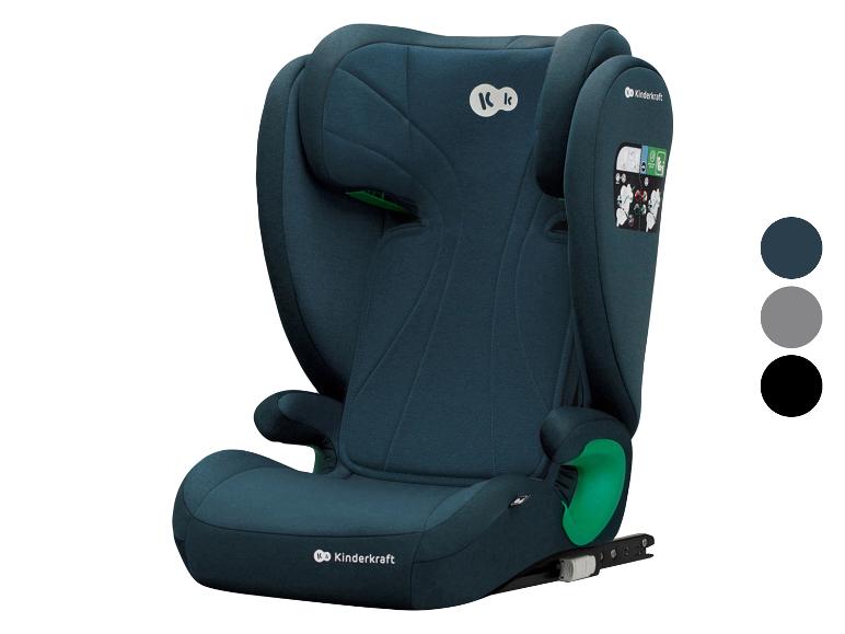 Siège auto enfant bleu foncé avec accents verts et trois échantillons de couleur.