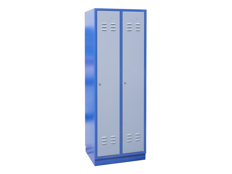 Een blauwe metalen locker met twee deuren.