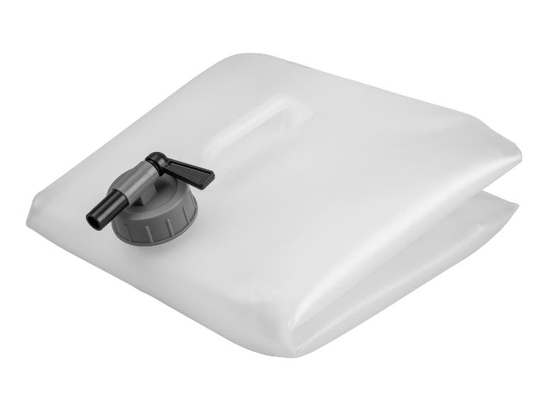 Witte opvouwbare watercontainer met kraan, ideaal voor kamperen of buiten.