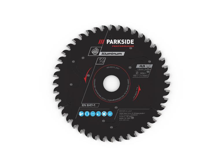 Parkside Performance cirkelzaagblad voor aluminium met technische specificaties.