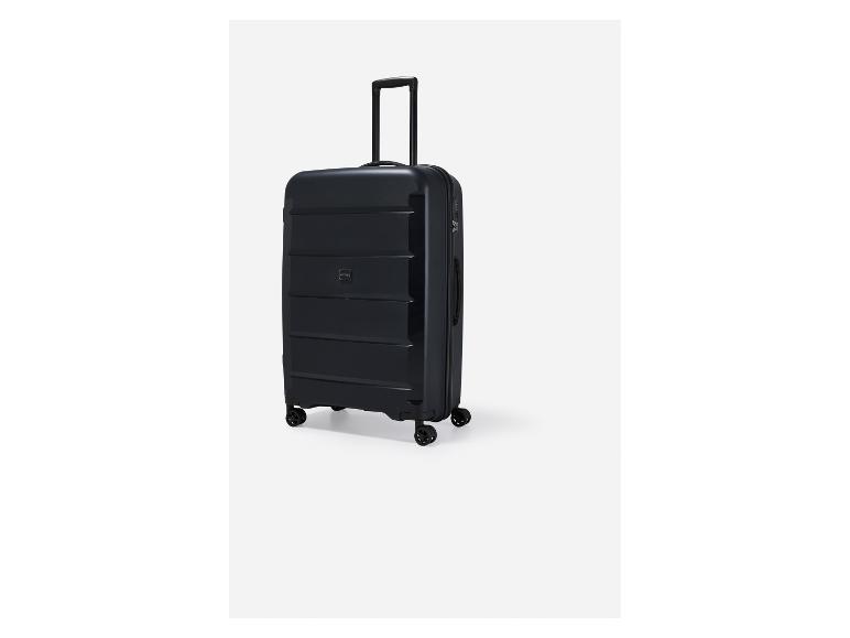 Valise noire avec poignée télescopique et quatre roulettes.
