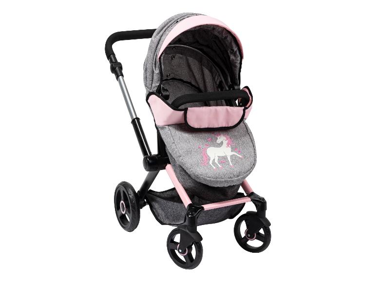 Een roze en grijze kinderwagen met een eenhoorn op de bekleding.