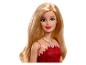 Barbiepop met blond haar, blauwe ogen en rode jurk.