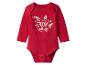 Rode baby romper met lange mouwen, met „Santa Baby” opdruk en kerstmotieven.