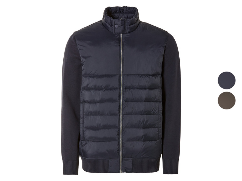 Une veste bleu marine avec des manches en tricot côtelé.