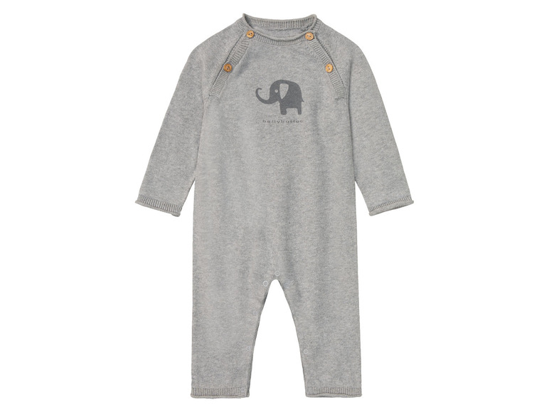 Een grijze gebreide romper met een olifant-print voor baby's.