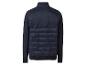 Donkerblauwe gewatteerde jas met gebreide details.