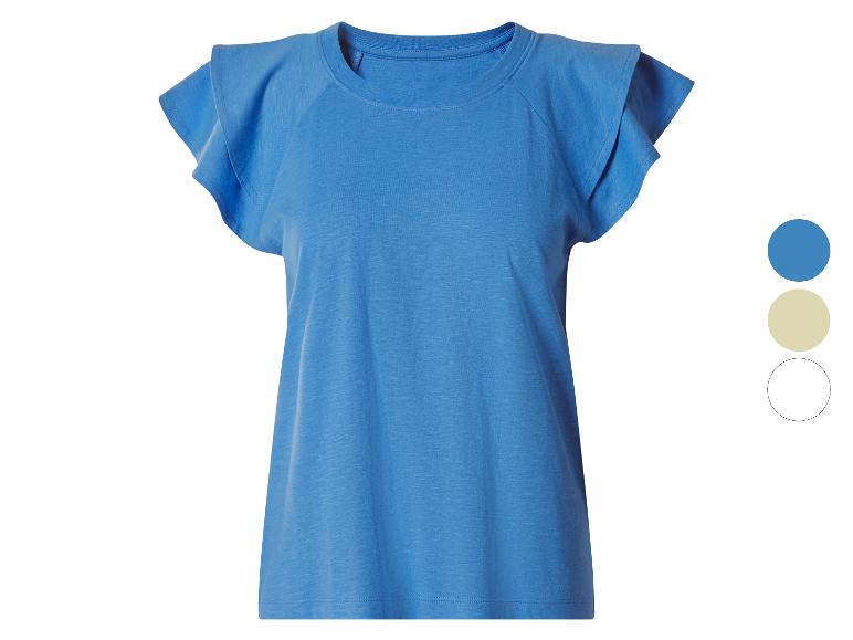 Blauw T-shirt met korte mouwen, geplooide schouders en ronde hals, met kleurstalen ernaast.