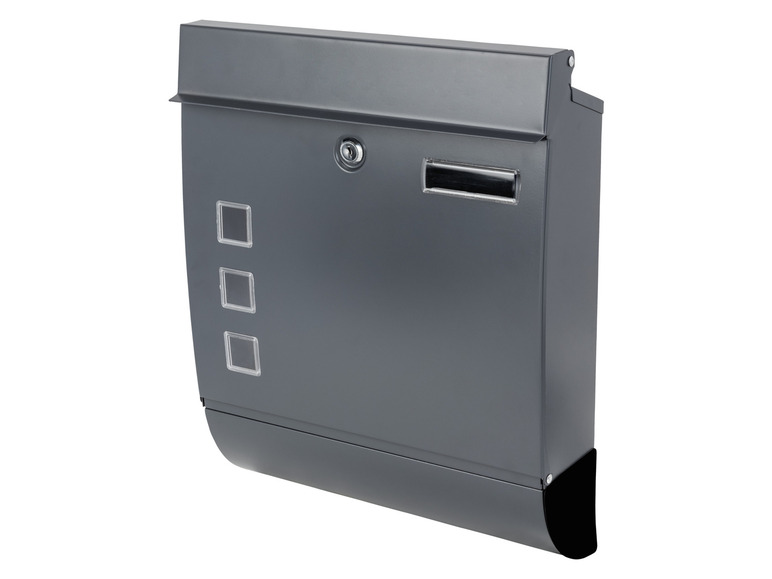 Een grijze brievenbus met een gleuf voor post en een venster voor het bekijken van post.