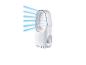 Witte, moderne bladeless ventilator met blauwe luchtstromen en oranje licht.