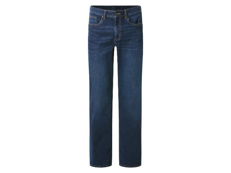 Jean bleu foncé pour homme avec surpiqûres contrastées.