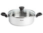 Une casserole en acier inoxydable avec un couvercle en verre de Tefal.