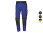 Blauwe werkkledingbroek met kniebescherming.