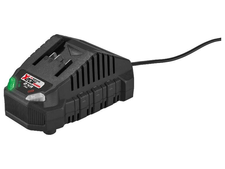 Zwarte acculader voor elektrisch gereedschap met een verlichte groene laadindicator.