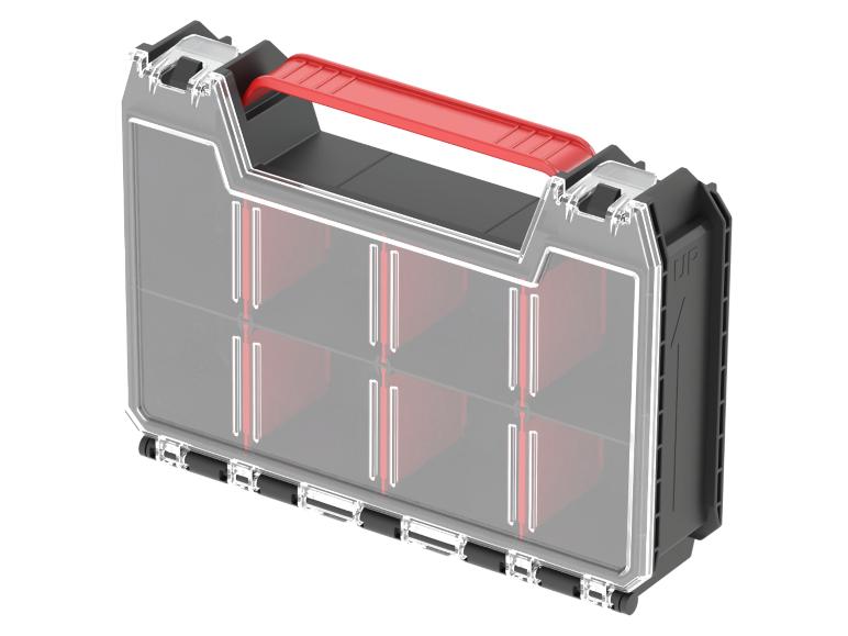 Organisateur d'outils transparent avec poignée rouge et six compartiments.
