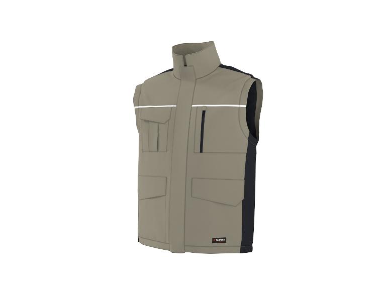 Beige werkvest met zwarte inzetstukken en reflecterende strepen.