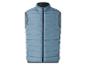 Blauw gewatteerd vest met ritssluiting aan de voorkant en hoge kraag.