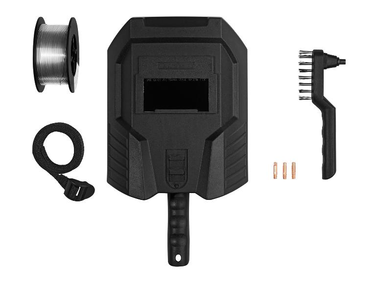 Un masque de soudage, du fil, une brosse, une sangle et des électrodes