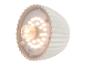 Witte LED-wandlamp met een ronde, transparante kap en zichtbare LED's