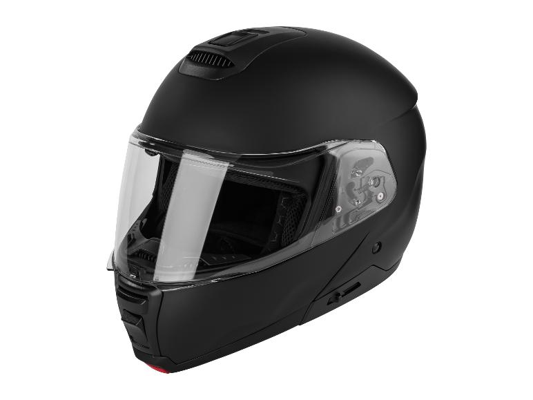 Un casque de moto noir avec une visière transparente.