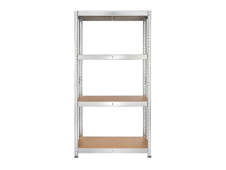 Metalen stellingkast met vier houten niveaus, ideaal voor opslag.