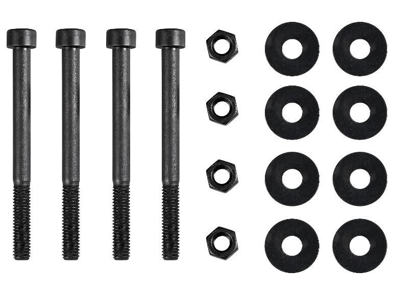 Vier zwarte bouten, vier moeren en acht ringen.