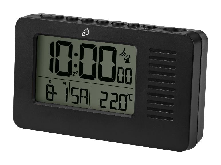 Un réveil numérique noir avec radio, affichage de la température et fonction snooze.