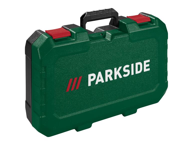 Groene gereedschapskist met rode clips en zwart handvat, met het opschrift PARKISDE.