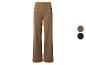 Pantalon marron à jambes larges avec boutons dorés décoratifs à la taille, avec échantillons de couleur.