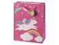 Sac cadeau rose avec licorne, arc-en-ciel et nuages, avec poignées en ruban rose.
