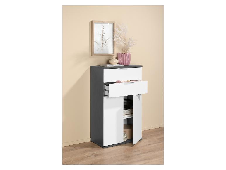 Moderne grijs-witte commode met twee laden en deuren.