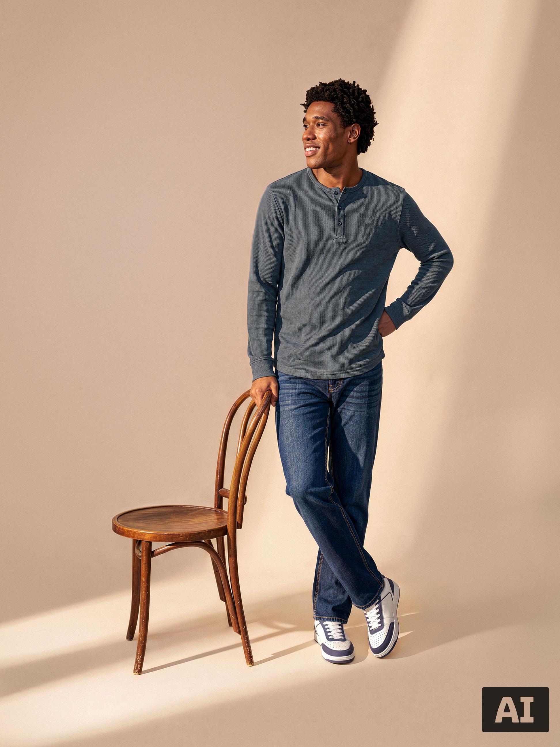 Man in grijs shirt met lange mouwen en jeans leunt tegen een stoel.