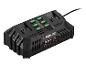 Chargeur de batterie double avec indicateurs LED et tableau des temps de charge.