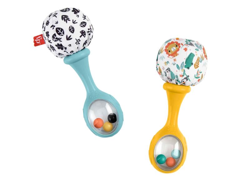 Hochets Fisher-Price avec poignées bleues et jaunes, avec des billes colorées et des imprimés animaux.