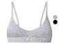 Soutien-gorge de sport gris pour femme avec étiquette 'LOVE COTTON' et options de couleur.
