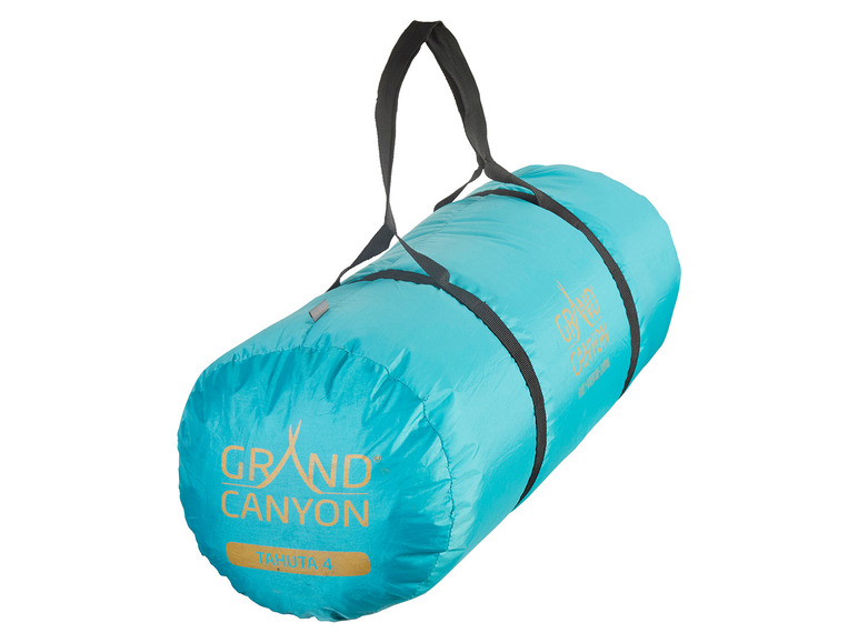 Een blauwe Grand Canyon Tahuta 4 tent, opgerold en klaar om mee te nemen.