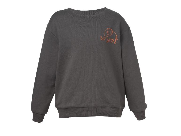 Sweat-shirt gris avec un imprimé éléphant orange sur la poitrine.
