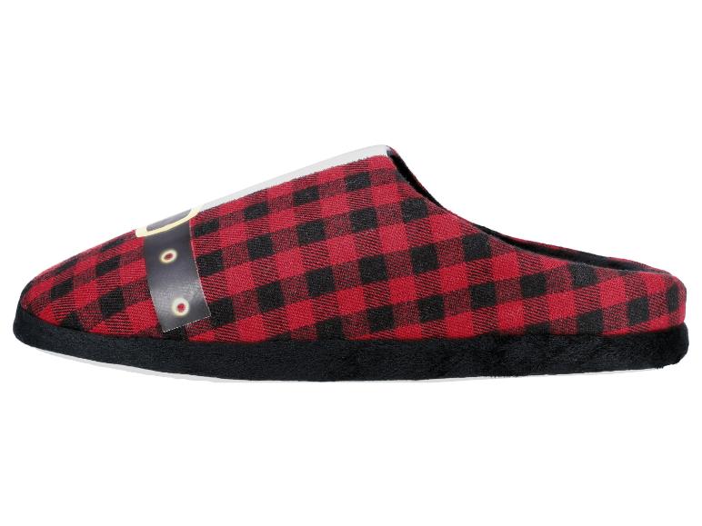 Rood-zwart geruite pantoffel met een decoratieve kerstmanriem