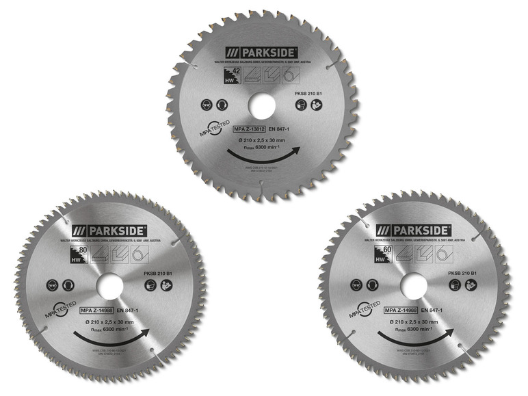 Drie cirkelzagen van Parkside met diameters van 210 mm.