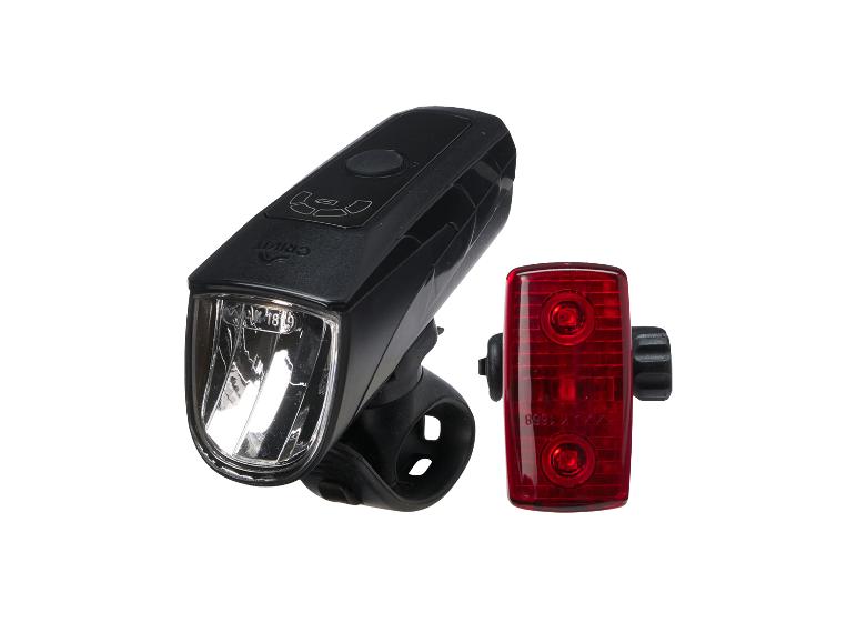 Ensemble d'éclairage de vélo Crivit, comprenant un phare avant noir et un feu arrière rouge.