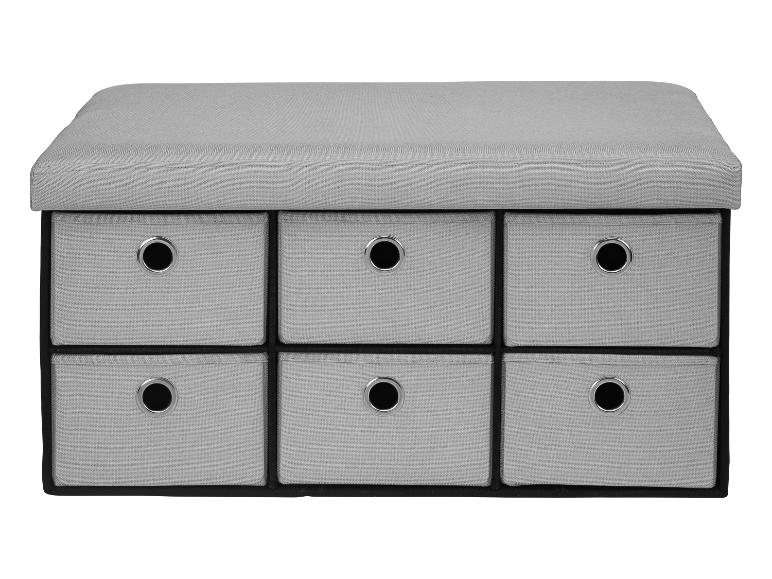 Banc de rangement gris avec six tiroirs en tissu