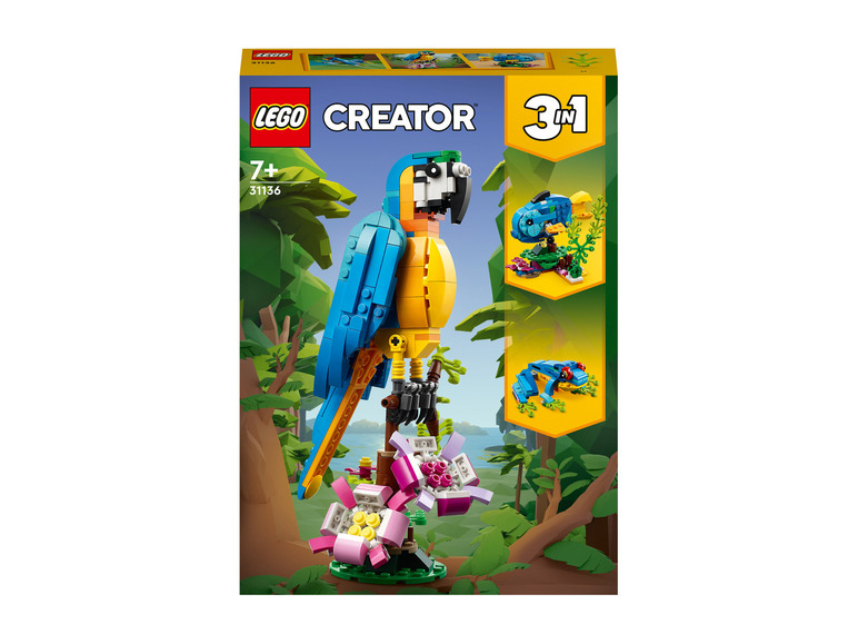 Ensemble Lego Creator 3 en 1 avec un perroquet, un poisson et une grenouille.
